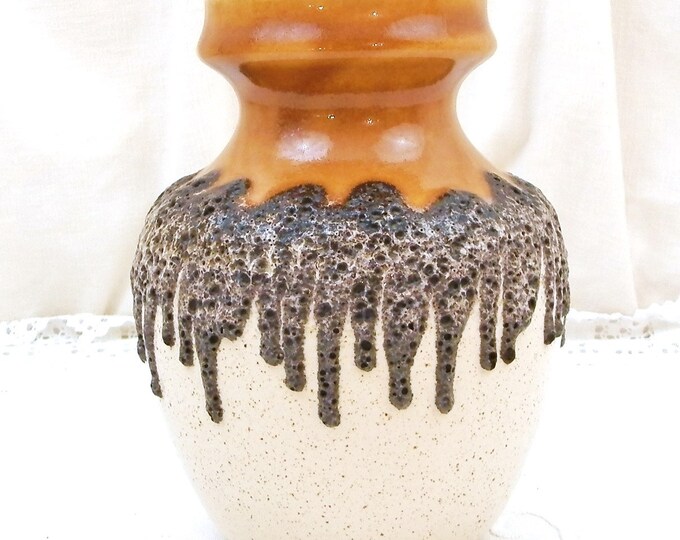 Vintage West German Bay Keramik Mid Century Ceramic Lava Vase with Drips, Amber Black and Eggshell White Glaze, Retro 1960s Pottery