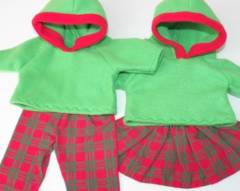 Matching Bitty Baby Clothes, Christmas Hoodies- Green, red plaid pants and skirt, 4 pc outfit- handmade by adorabledolldesigns- hooded shirt