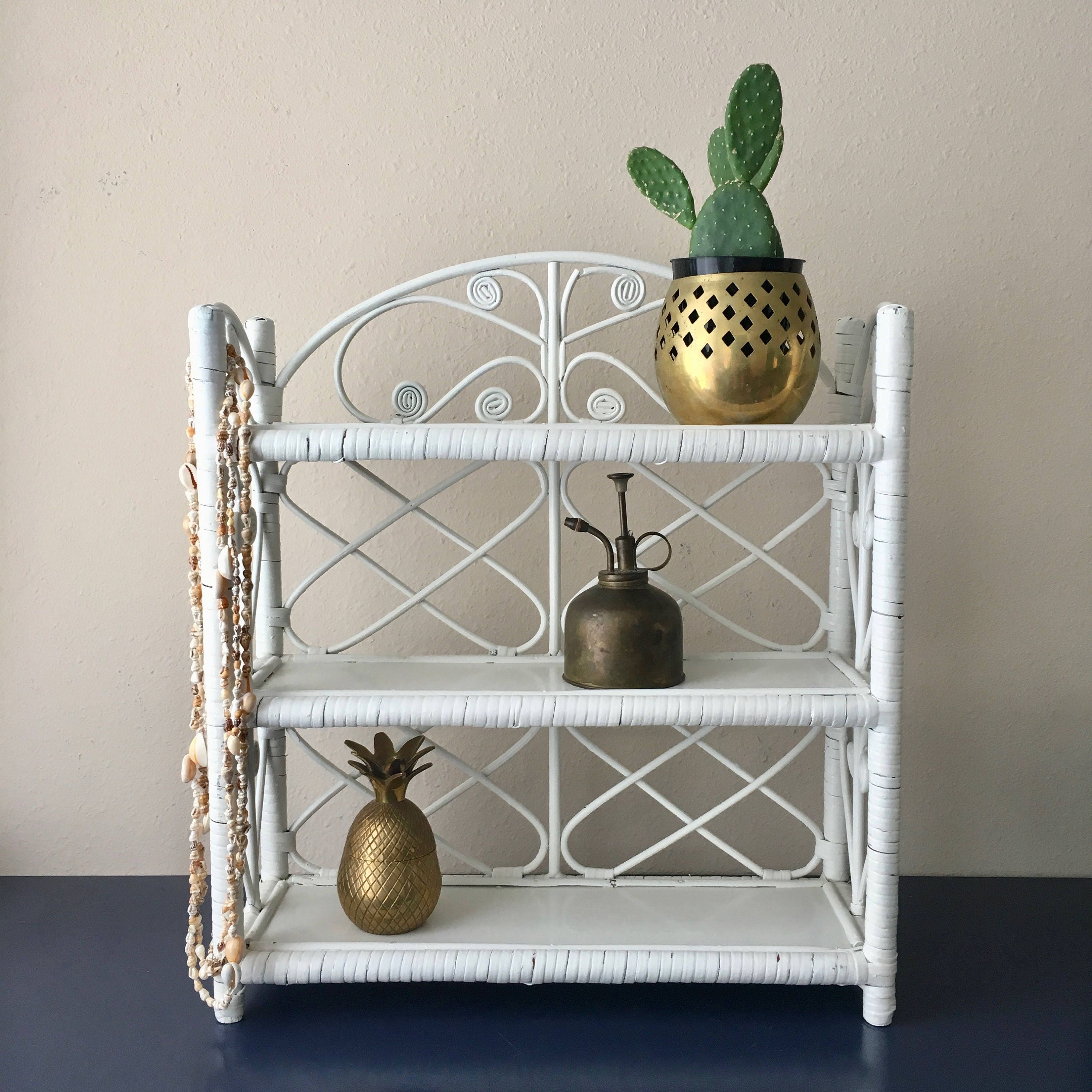 vintage white wicker wall shelf woven boho decor display shelf