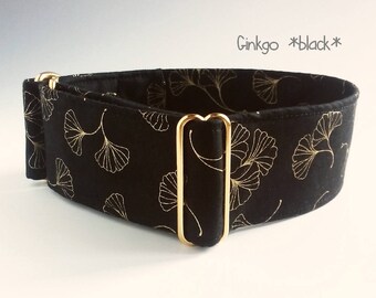 black and gold dog collar "Ginkgo", brass hardware, martingale, side release or ID tag collar; wide 1"- 2", size XS- XL, greyhound collar