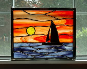 Sailboat Sunset Stained Glass Window Panel, Ocean Sunset, Seascape, Beach Decor, Coastal Decor, Nautical Decor, Orange, Boat Lover Gift