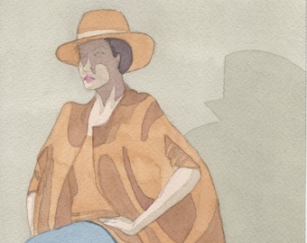 Woman in Hat Watercolor Painting One of a Kind