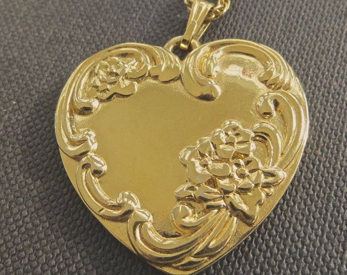 Art Nouveau Heart Necklace, 28" chain, Raised Relief Florals, Love Etched on Back, Nice For Layering
