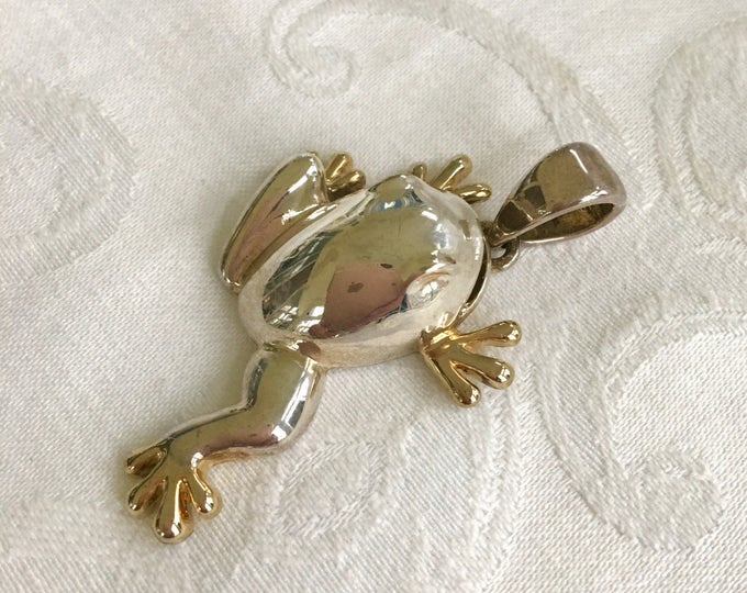 Sterling Frog Pendant, Silver Figural Frog, Gold Wash Feet, Vintage Frog Jewelry