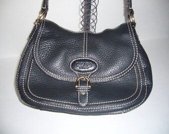 BLACK SADDLE PURSE - Chaps Black Pebbled Leather - Medium sized Shoulder Bag