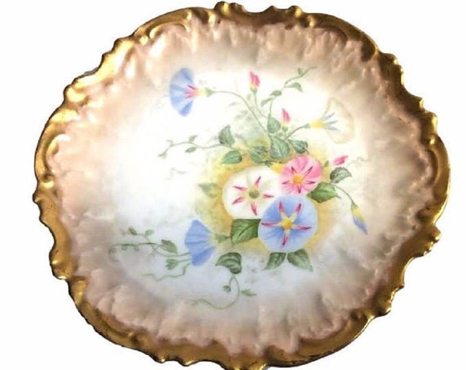 Antique French Coiffe Factory Limoges Plate, France, Heavy Gold with Morning Glories, Cabinet Plate, Hand Painted Floral Plate