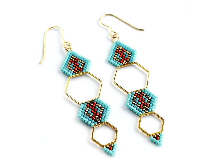 hexagon earrings, geometric earrings, minimalist earrings, earrings gold, turquoise jewelry, statement earrings, dangle earrings, beaded