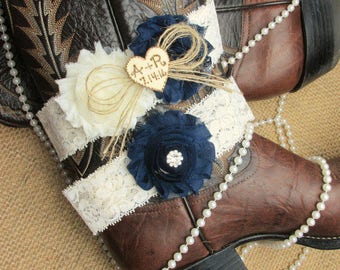 Rustic Personalized Wedding Garter Set,Ivory Country Chic Garter Set,Monogrammed Wedding Garter Set