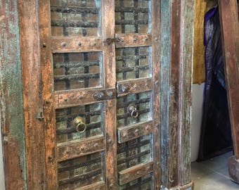 Antique India Doors Distressed Rustic Vintage Teak Iron Carved Architecture Barn Doors SPANISH Hacienda Shabby Chic  18C FREE SHIP