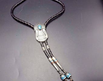 Vintage TOMMY SINGER Sterling Silver & TURQUOISE Bolo Tie Navajo Chip Inlay Tips