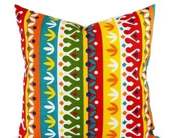 15% OFF SALE Two OUTDOOR Pillow Covers - Red Pillow Cover - Yellow Pillow Cover - Striped Pillow - Decorative Pillow - Patio Pillow - 16x16