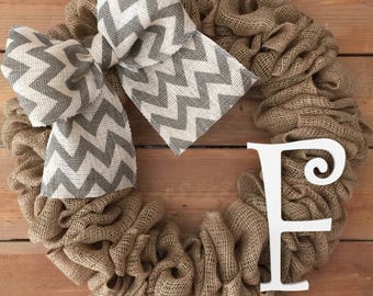 Monogram Initial F Burlap Wreath / Front Door Wreath / Rustic Wedding Decor Gift / Rustic Wreath / Front Door Initial F Hanger