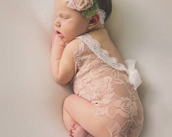Newborn lace romper prop girl mocha peach ivory baby girl photo outfit baby girl open back romper and headband props baby photography RTS