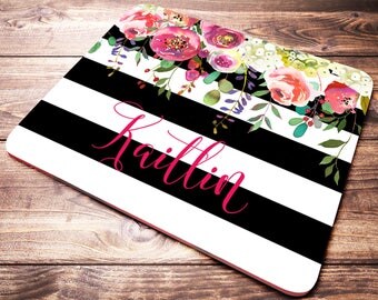 Personalized Mouse Pad, Monogram Mouse Pad, Striped Mouse Pad, Black and White, Custom Name Mouse Pad, Floral Mouse Pad, Name Mouse Pad