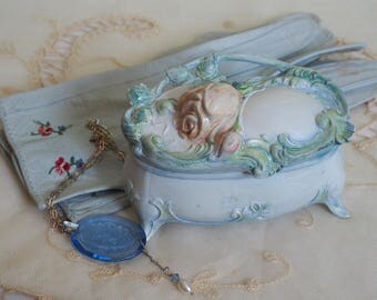 Antique Art Nouveau Floral Jewelry Box - Pink Roses - Hand Painted Silk Blue Velvet Lining - Treasure Trinket Casket - Repousse Rose
