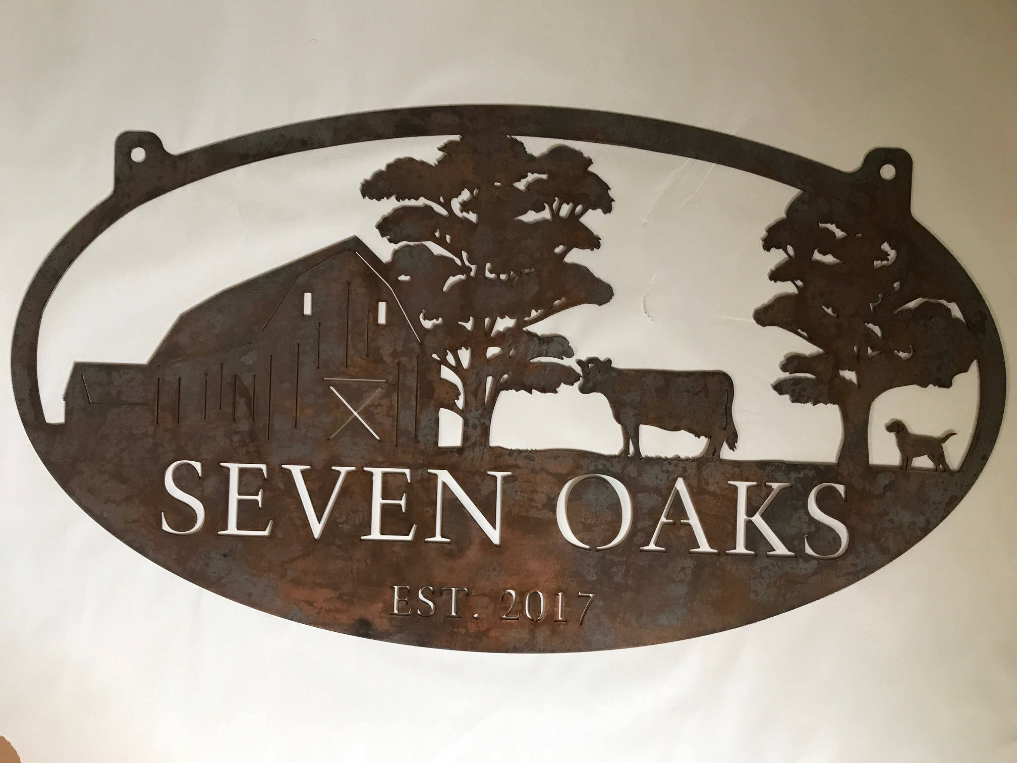 4ft Personalized Metal Sign with barn and cow and oak trees