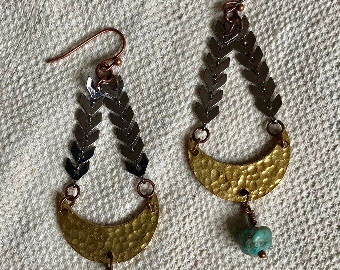 Crescent Moon Earrings . Moon Earrings . Moon Jewlery. Statement Earrings . Mixed Metal Earrings . Turquoise Earrings