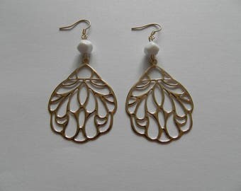 White Lampwork bead and gold leaf earrings