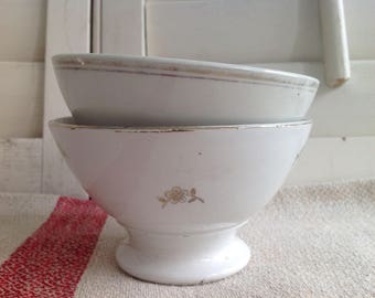 Antique French Cafe Au Lait Set of 2 Bowls, Luneville K G Pottery, Country French Kitchen, Gold Rimmed Bowls, French Farmhouse Kitchen,