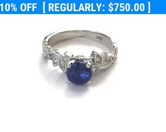 Leaves Blue Sapphire Engagement Ring, White Gold Ring, Leaf Ring, Sapphire Ring, 1 Carat Ring, Art Deco Ring, Vintage Ring, Gem Ring