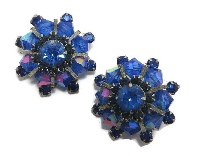 Weiss Royal Blue Rhinestone Earrings, Vintage AB Rhinestone Clip-on Earrings, Signed Weiss Jewelry