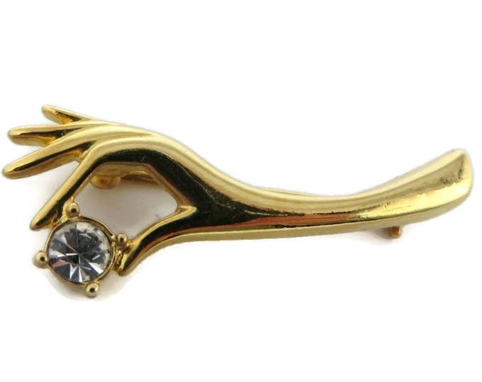 Pastelli Hand Brooch Vintage Designer Signed Gold Tone Hand Holding Rhinestone Costume Jewelry Pin
