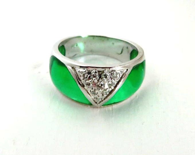 Sterling Silver Dome Ring - Vintage Green Enamel & CZ Wide Band Ring, Size 6, Gift Idea, Gift Box