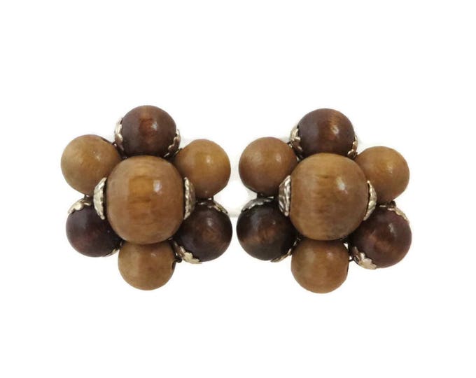Wood Bead Cluster Earrings, Vintage Brown Beaded Japan Earrings, 1960s Jewelry
