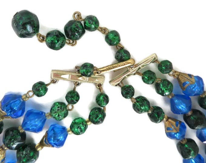 West Germany Necklace | Vintage Blue Beaded Necklace | Triple Strand Necklace | Blue, Green Beaded Choker