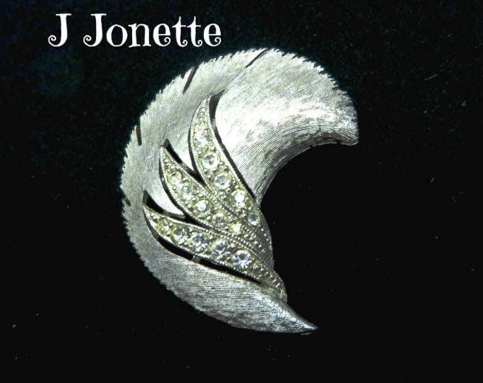 Rhinestone Leaf Brooch, Vintage Curved Leaf Pin, Signed J J Matte Silvertone Pin, Bridal Jewelry, Gift Idea