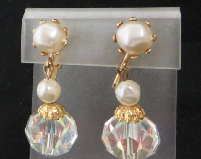 Pearl & Crystal Earrings - Vintage Gold Tone Dangling Crystal Clip-on Earrings, Bridal Jewelry, Gift for Her