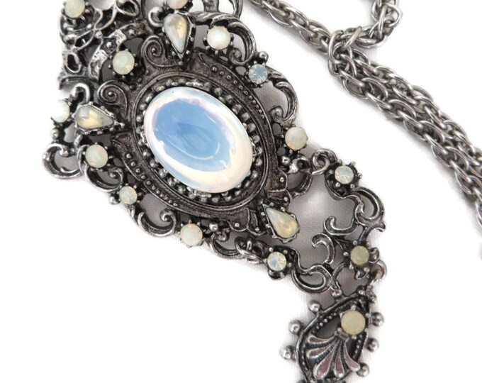 Vintage Opal Moonstone Pendant Necklace | Victorian Style Dangling Pendant | Glass Stone Chain Link Necklace