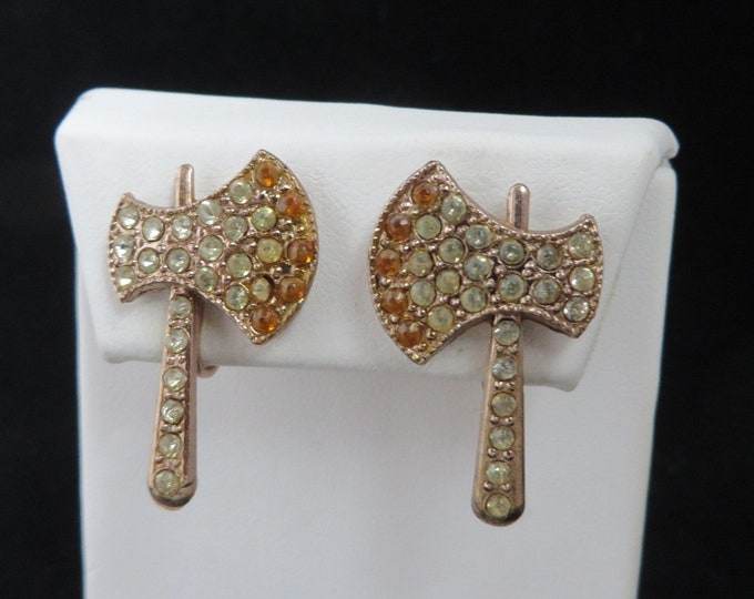 Vintage '50s Novelty Earrings, Copper Toned Rhinestone Tomahawk Screwback Earrings