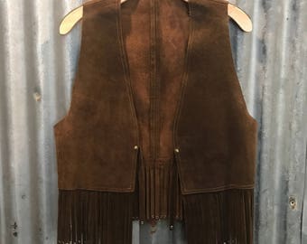 Vintage 70s Brown Leather/Suede Vest with studded fringe
