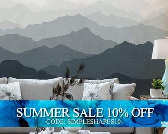 Mountain Mural Wallpaper, Grayish Navy, Ombre Mountain Extra Large Wall Art, Peel and Stick Wall Poster
