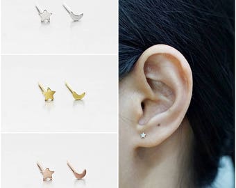 925 Sterling Silver Earrings, Tiny Star Moon Earrings, Gold Plated, Rose Gold Plated Earrings, Stud Earrings, Size 3 mm (Code : KE49Y)