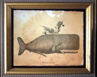 Brown and White Basset Hound Dog Riding Whale - Vintage Collage Art Print on Tea Stained Paper - Vintage Art Print - Vintage Paper