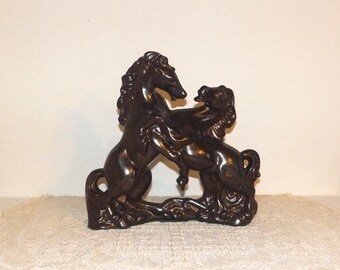 Vintage Bronze Toned Ceramic Rearing Horses Figurine 13" tall
