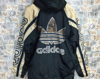 ADIDAS Bomber Jacket Medium Vintage 90's Adidas Trefoil Gold Logo Sportswear Apparel Adidas Sport Black Hoodie Parka Jacket Size M