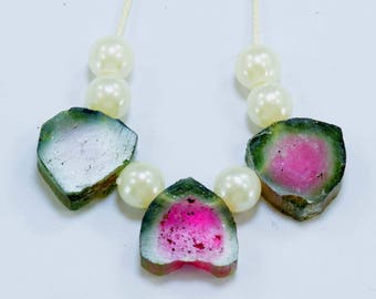 03 Damage Free Both Side Polished Watermelon Tourmaline drilled Slices ;Necklace from Paprok Afghanistan - 24 carats