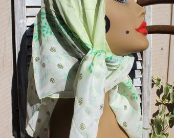 Vintage. Square/green/yellow/floral/spring/silky scarf. Beautiful scarf. 1960s