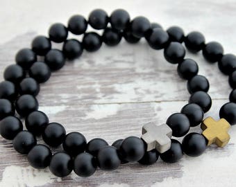 New! Cross Bracelet Onyx or Lava Mens Bracelet Mens Gift Boyfriend Gift Mens Beaded Bracelet Husband Gift Brother Gift Dad Gifts Father Gift