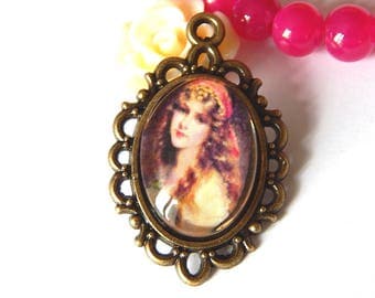 1 bronze pendant, vintage woman portrait cabochon 1