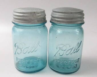 Vintage Blue Ball Glass Pint Jars with Zinc Lids