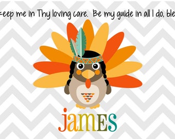 Personalized Placemat - Kids Owl Placemat - Childrens Placemat - Prayer Placemat - Thanksgiving Placemat - Turkey Placemat - Chevron Turkey