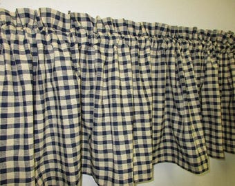 Country Primitive Navy Blue Check Homespun Valance Rustic Farmhouse Cabin Decor