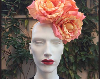 Peach /Coral/Orange Silk Rose Fascinator/Rose Fascinator/Ascot /Wedding Fascinator.Ref:008