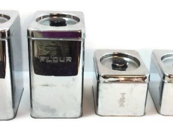 Vintage Lincoln BeautyWare Set of Chrome Canisters Storage Tins