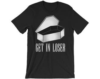 pastel goth, nu goth, goth clothing, black shirt, get In loser, gothic shirt, dark humor, tattoo coffin, lowbrow, punk, outsider, mean girls
