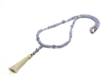 SUMMER SALE - Lace Agate Necklace,Tassel necklace,gold necklace,beaded necklace,knotted necklace,gemstone necklace,onyx